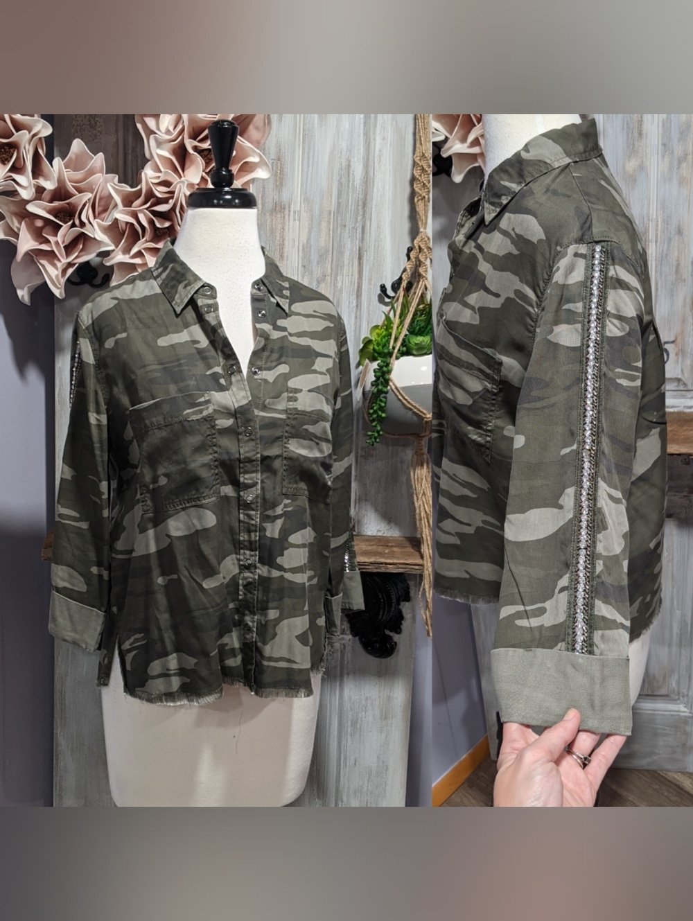NWT Express Camo Button-Front Shirt With Embellished Sleeves